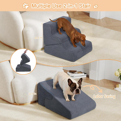 Dog Ramp for Bed, 23" H Dog Stairs for High Bed, 2 in 1 Pet Steps for Small Dogs, 5-Step Foldable Transformable Large Cats Ramp to Get on Couch, Non-Slip Balanced, Grey