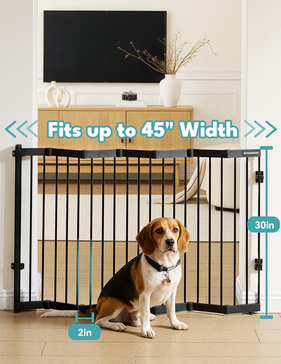 No Pawblems Retractable Safty Gate, Metal Adjustable Dog Gate for Doorways, Stairs & Hallways, Expands to 45" Wide, 36" Tall Gate, Auto Retract Design, No Bottom Bar, Black