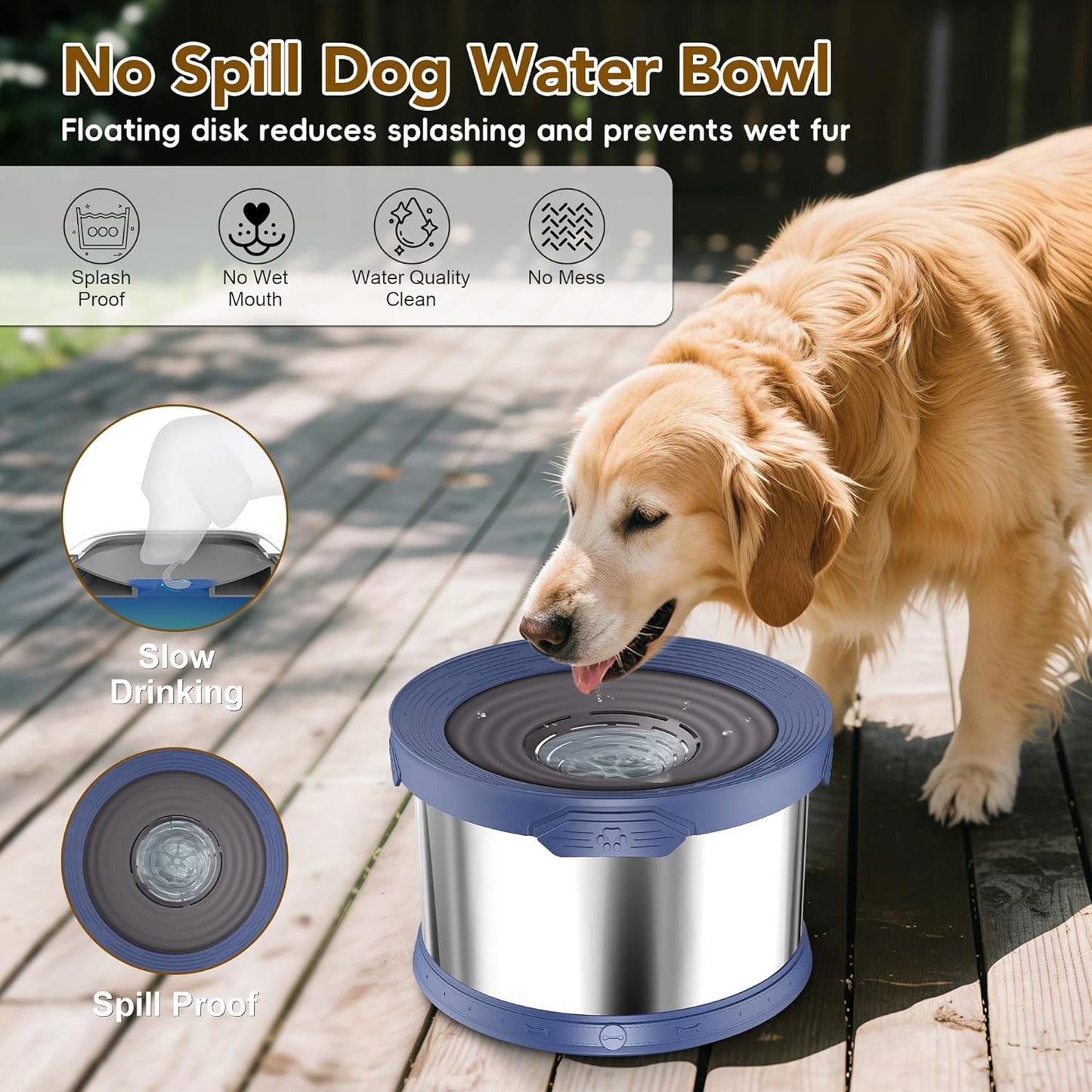UPSKY Dog Water Bowl No Spill 10L Stainless Steel, 2.6 Gallon Large Capacity Spill-Proof Dog Bowls, Non-Slip Slow Drinking Anti-Splash Bowl for Large Messy Drinkers, No Mess Indoor/Outdoor Use, Gray