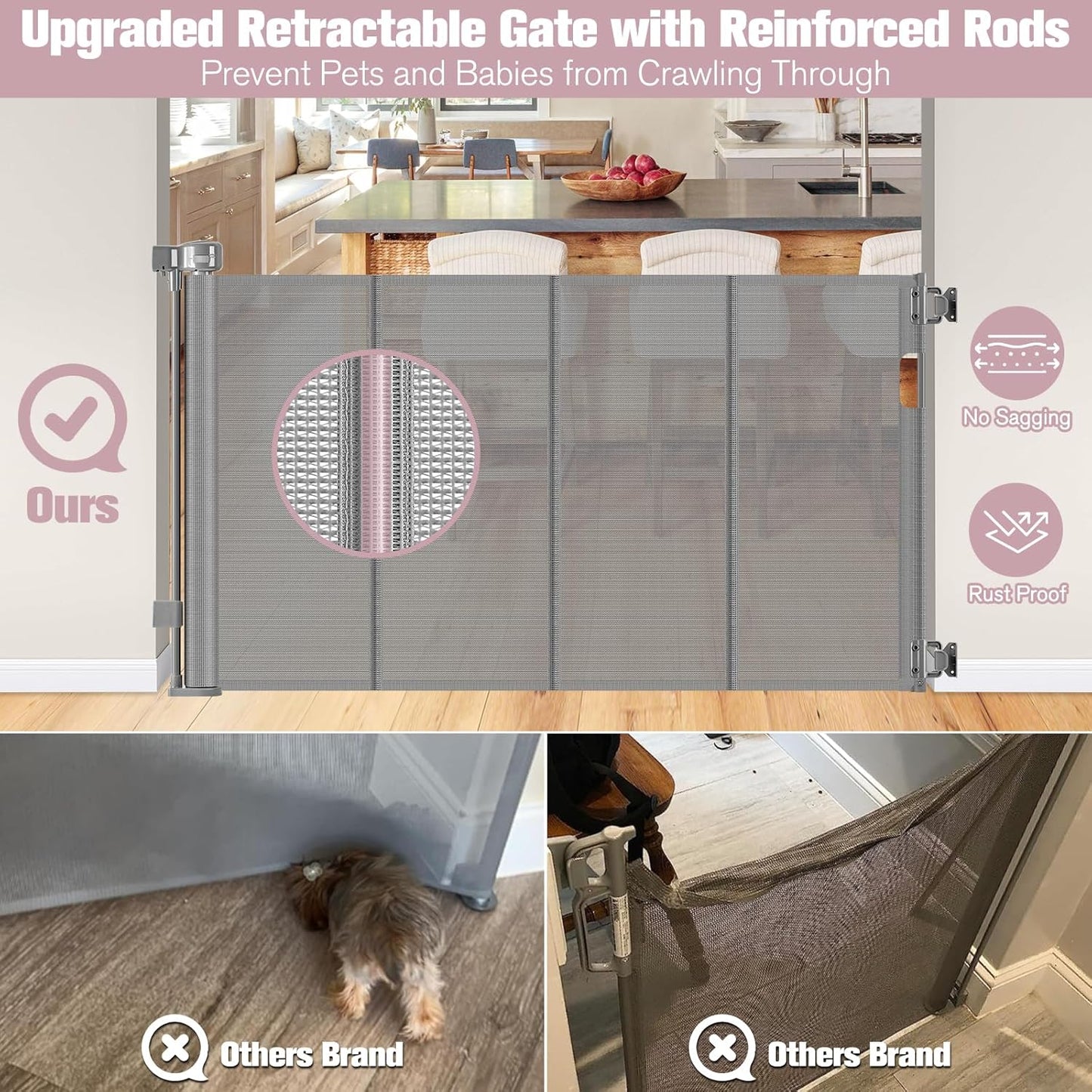 Reinforced 56" Wide Retractable Baby Gates for Doorways with Support Rods - Prevent Crawling Under Retractable Gate, Mesh Pet Gate for Stairs Retractable Dog Gates for The House Indoor/Outdoor, Black