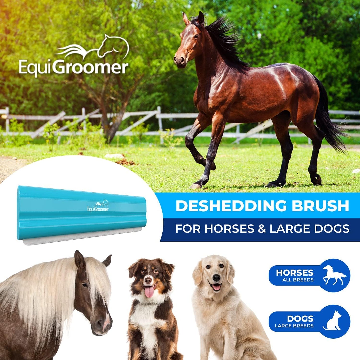 EquiGroomer 8-Inch Deshedding Brush for Horses and Large Shedding Dogs 50 lbs and Up (Golden Retriever, German Shepherd, Husky), Undercoat Grooming Tool, Removes Loose Hair and Fur, Blue