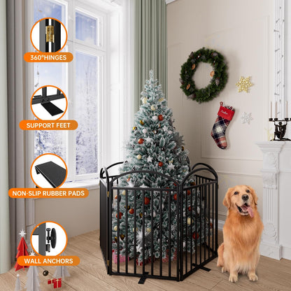 SNUOWU 4 Panels Full Matel Freestanding Dog Gates with Door, 96"Extra Wide 32"Tall Free Standing Dog Pet Gate for Indoor & Outdoor. Foldable Pet Fences for Doorways, House, Stairs, Porch, Deck, Yard