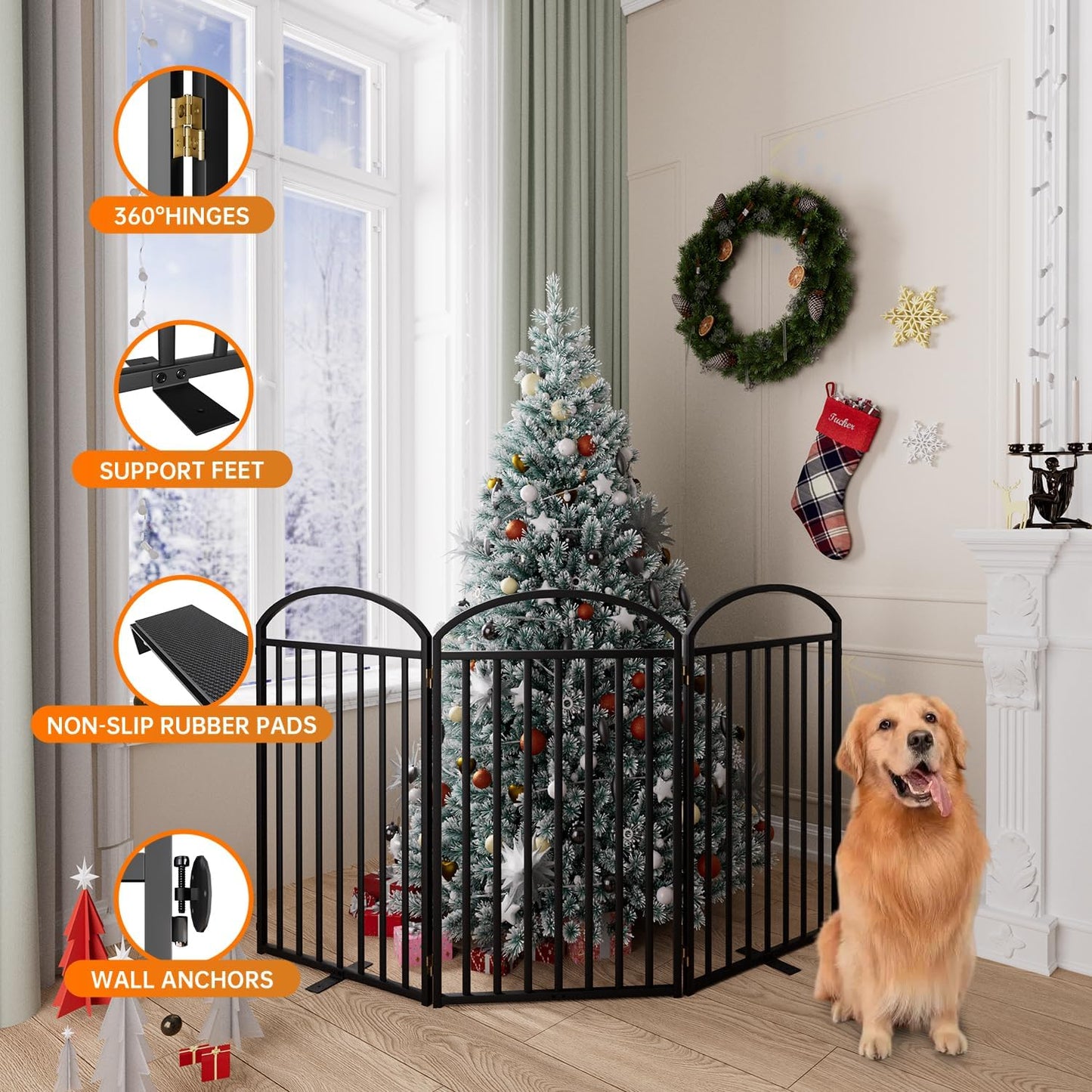 SNUOWU 4 Panels Full Matel Freestanding Dog Gates with Door, 96"Extra Wide 32"Tall Free Standing Dog Pet Gate for Indoor & Outdoor. Foldable Pet Fences for Doorways, House, Stairs, Porch, Deck, Yard