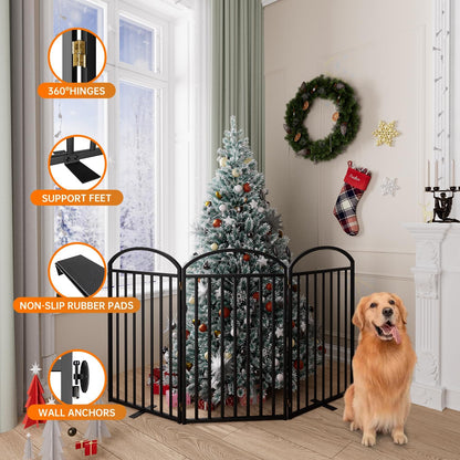 SNUOWU 4 Panels Full Matel Freestanding Dog Gates with Door, 96"Extra Wide 32"Tall Free Standing Dog Pet Gate for Indoor & Outdoor. Foldable Pet Fences for Doorways, House, Stairs, Porch, Deck, Yard