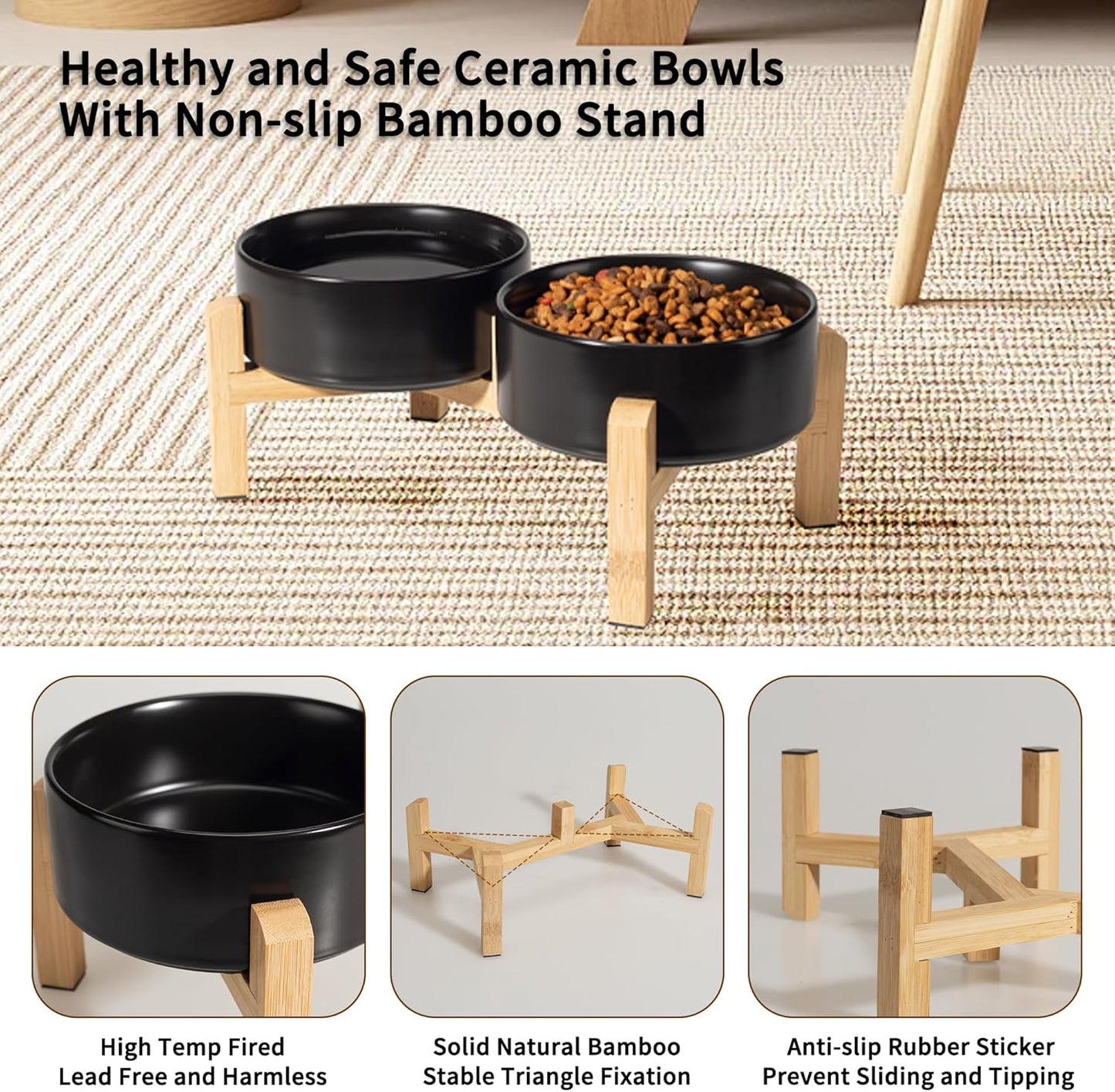 Elevated Ceramic Dog Bowl Set - Raised Dog Bowls with Non-Slip Bamboo Stand - Dog Food and Water Bowl Set - Double Dog Feeding Bowls - Suitable for Small and Medium Dogs - 28.74 OZ - 3.6 CUPS - 850 ML