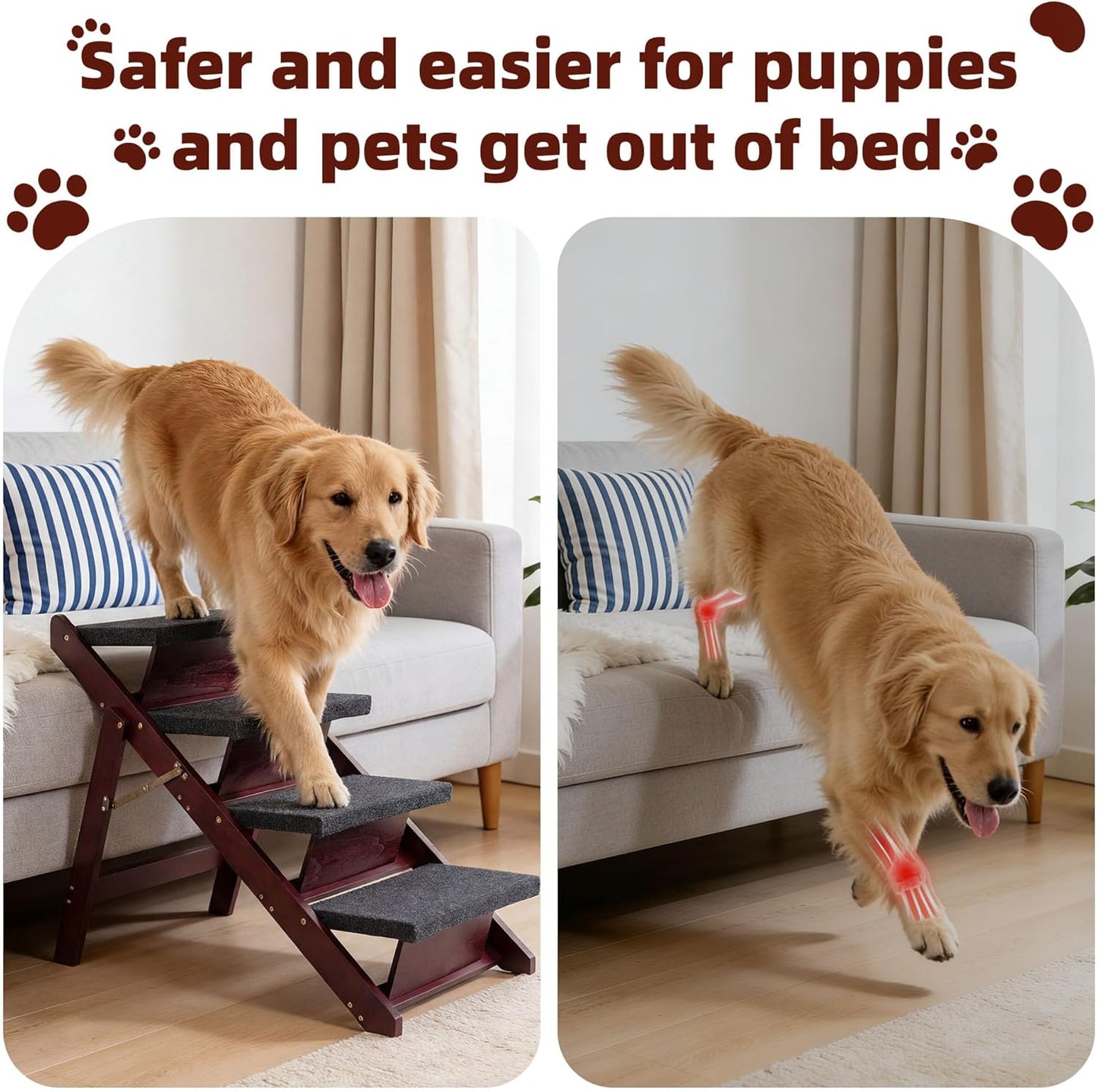 MEWANG Wooden Pet Stairs/Pet Steps - 3-in-1 Foldable Stairs & Ramp for Beds and Cars - Portable Dog/Cat Ladder Up to 220 Pounds - Great for Small and Older Animals(Brown) (24.8" L x 17.2" W x 19.5" H)