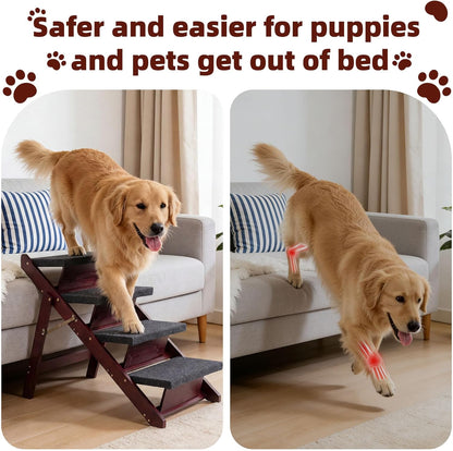 MEWANG Wooden Pet Stairs/Pet Steps - 3-in-1 Foldable Stairs & Ramp for Beds and Cars - Portable Dog/Cat Ladder Up to 220 Pounds - Great for Small and Older Animals(Brown) (24.8" L x 17.2" W x 19.5" H)