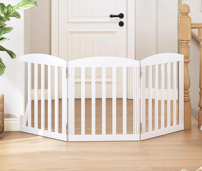 SPIRICH 96" Extra Wide 28" Tall Wooden Freestanding Foldable Dog Gate, Pet Gate Indoor, 4 Panels, White