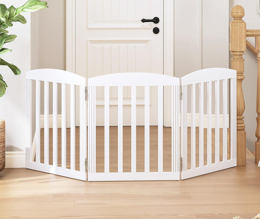 SPIRICH 96" Extra Wide 28" Tall Wooden Freestanding Foldable Dog Gate, Pet Gate Indoor, 4 Panels, White