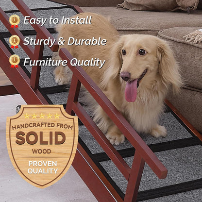 Dog Ramp for Bed or Couch, Wooden Pet Ramp with 20° Gentle Slope, Removable Side Rails, Non-Slip Surface, Top Platform & Wheels, Safe Bed Ramp for Small, Large & Senior Dogs, 60" Long, Mahogany
