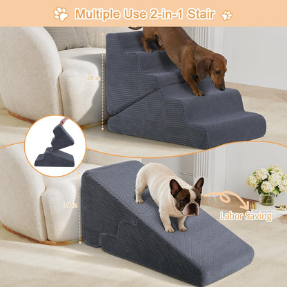 Dog Ramp for Bed, 23" H Dog Stairs for High Bed, 2 in 1 Pet Steps for Small Dogs, 5-Step Foldable Transformable Large Cats Ramp to Get on Couch, Non-Slip Balanced, Grey