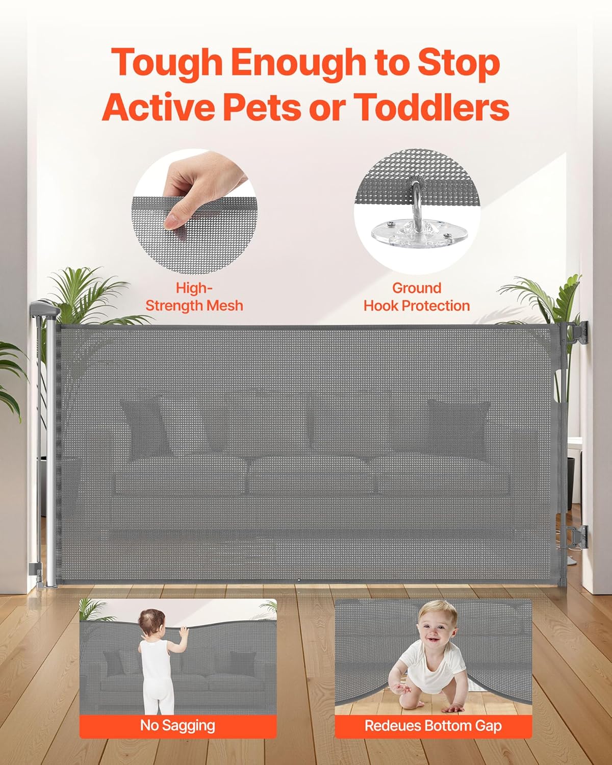VEVOR Retractable Baby Gate, Extends to 202.7 inch Extra Wide, 39 inch Tall, with Reinforced Fiberglass Strips, Avoids Crawling Through, Mesh Dog Gate for Decks, Doorways, Garages, Indoor, Black