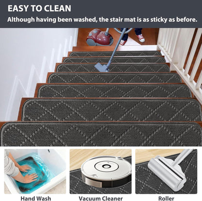 Fixmend Stair Treads Non Slip for Wooden Steps, 8" X 30" (15-Pack) Stair Runner Carpet Treads Indoor with Reusable Adhesive, Stairslide Carpets Rugs Safety Mats for Elders, Kids & Dogs, Dark Grey Leaf