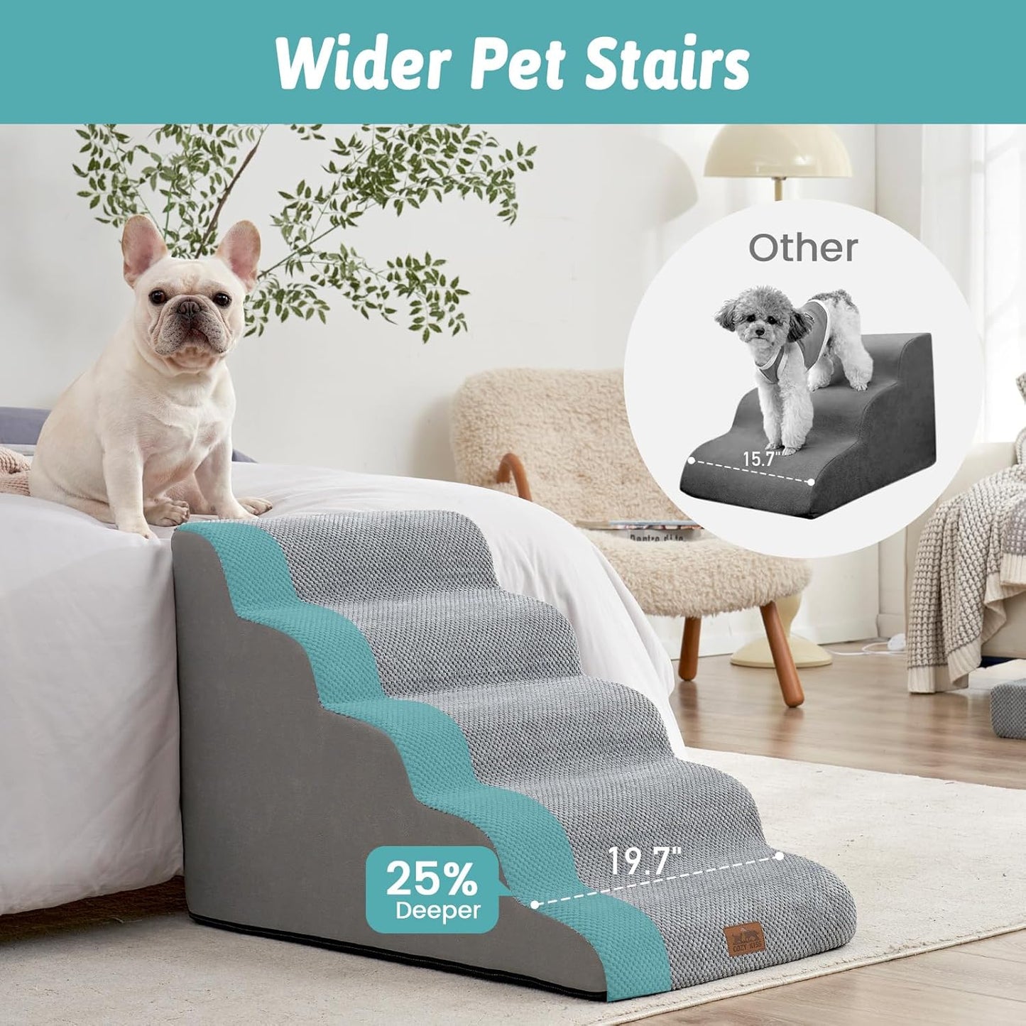 COZY KISS Extra Wide Dog Stairs with Tunnel, Foam Detachable Large Dog Step for Small Pet, Puppy or Cats, Medium Pet Ramp for High Bed, Couch, Sofa or Car, 19.7x33x22.4 inch, 5 Step, Beige