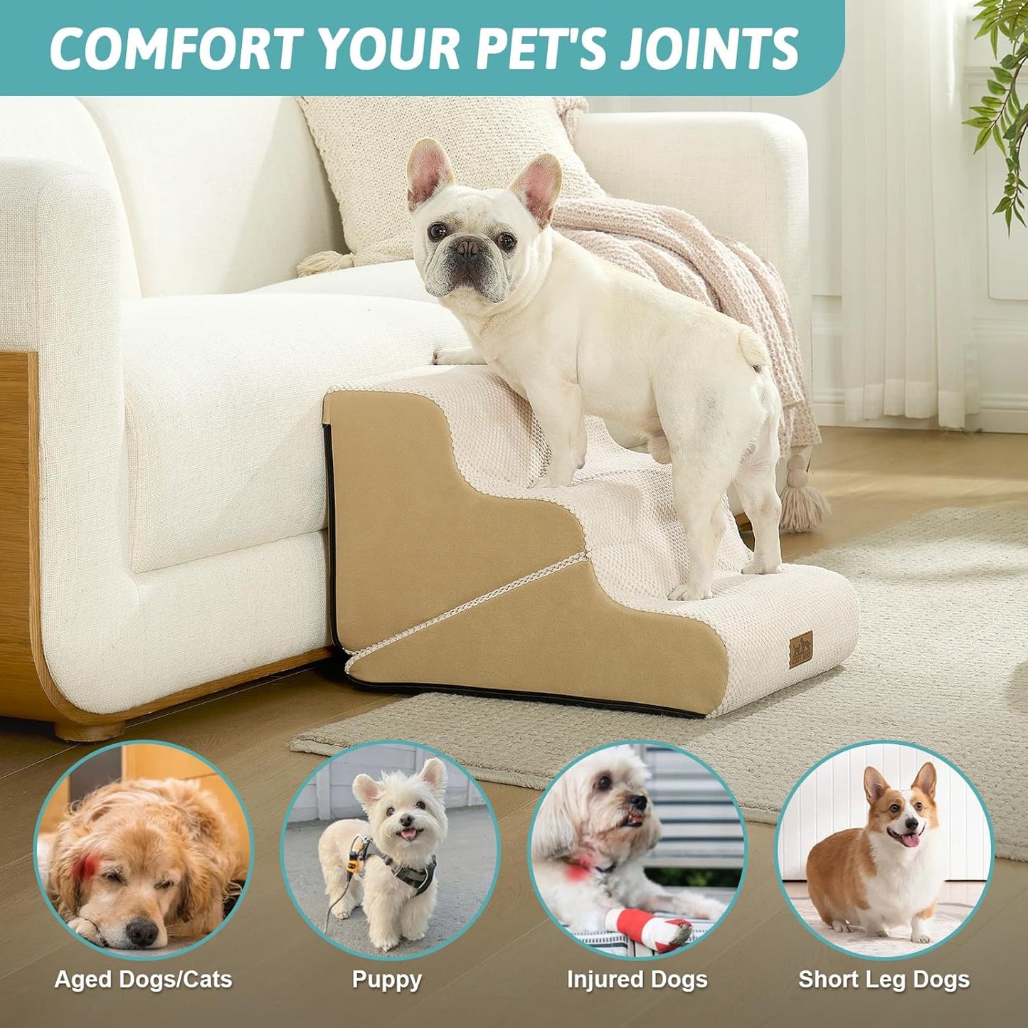 COZY KISS Dog Stairs for Small Dogs, 3-Step 2 in 1 Transformable Pet Stairs for Couch and Bed, 15.7" H Dog Steps for Old Cats, Puppy, Small Dogs (Beige, 17.7x28.3x19.7 in, 4.0)