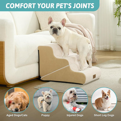 COZY KISS Dog Stairs for Small Dogs, 3-Step 2 in 1 Transformable Pet Stairs for Couch and Bed, 15.7" H Dog Steps for Old Cats, Puppy, Small Dogs (Beige, 17.7x28.3x19.7 in, 4.0)