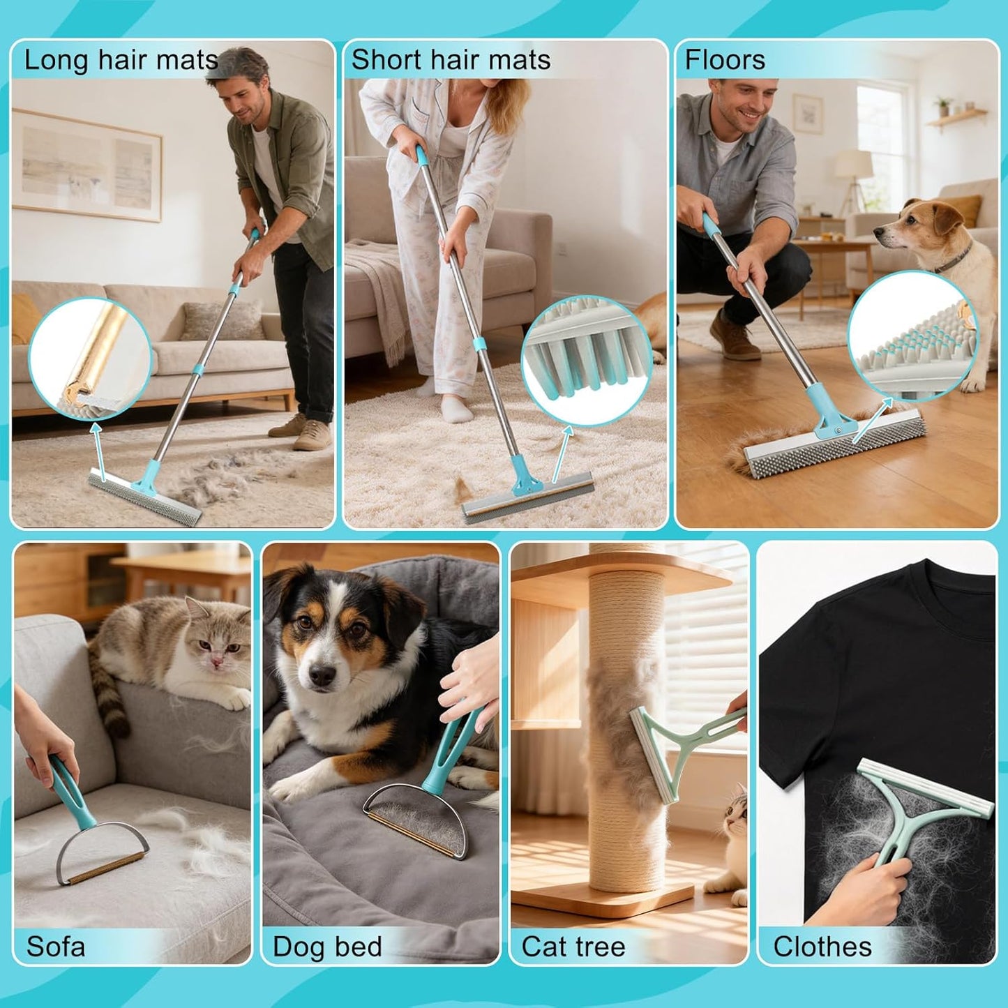 Vivifying Carpet Rake Pet Hair Remover Set, 56” Adjustable Long Handle Plus 2 Handheld Tools, Deep Cleans Pet Hair from Carpets, Rugs, Mats & Upholstery