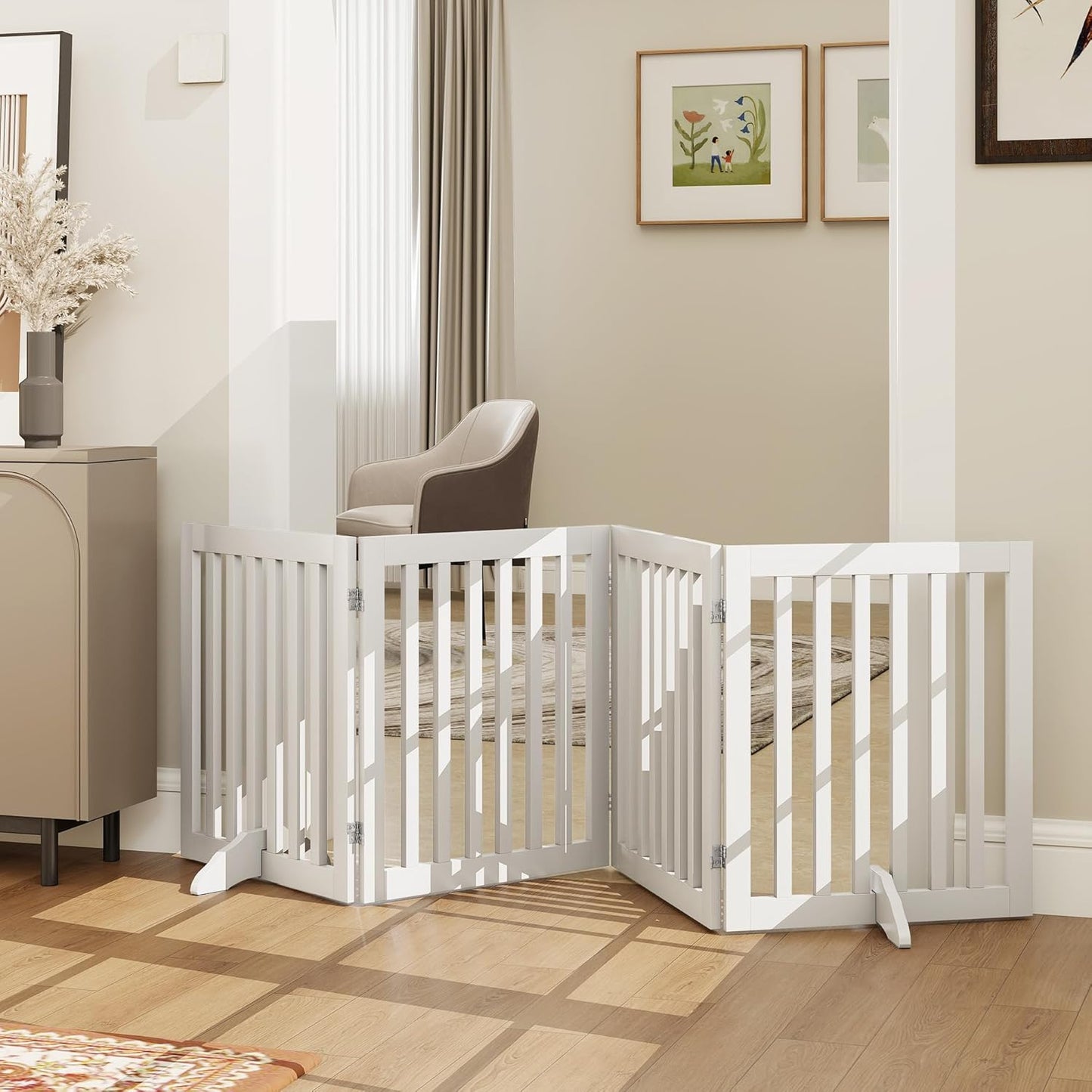 PUPETPO 24”H Freestanding Wooden Pet Gate, Dog Gate for Stairs, Doorways, and Hallways, Step Over Foldable Pet Fence for Indoor Use, Support Feet Included, 60 inch Wide 3 Panels, Grey