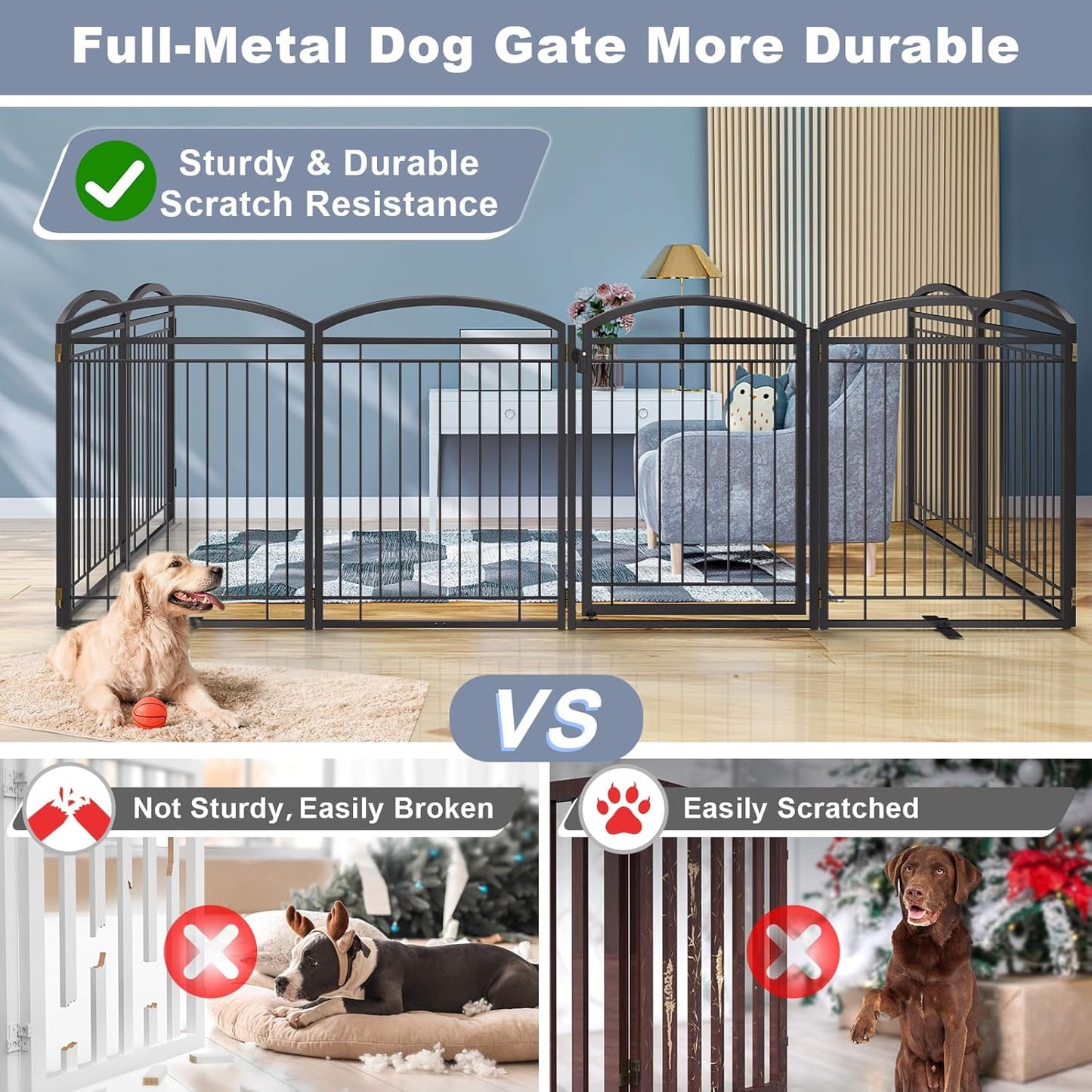Full Metal Free Standing Dog Gate with Door for Indoor & Outdoor,96'' Extra Wide 32'' Tall Dog Gate for The Doorways,Large Openings,Decks,Porch,Pet Freestanding Safety Fence(4 Panels,Black)