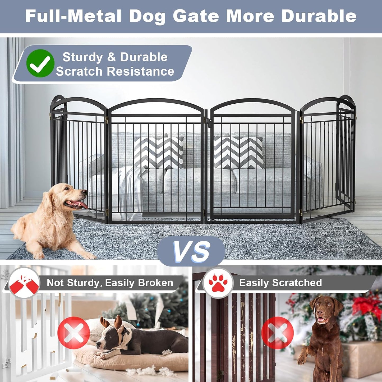 Full Metal Free Standing Dog Gate with Door for Indoor & Outdoor,96'' Extra Wide 32'' Tall Dog Gate for The Doorways,Large Openings,Decks,Porch,Pet Freestanding Safety Fence(4 Panels,Black)