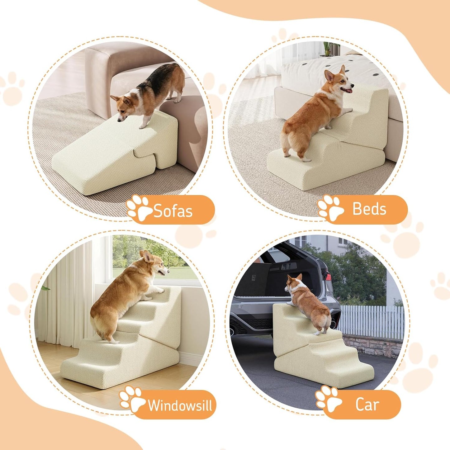 Dog Ramp for Bed, 23" H Dog Stairs for High Bed, 2 in 1 Pet Steps for Small Dogs, 5-Step Foldable Transformable Large Cats Ramp to Get on Couch, Non-Slip Balanced, Grey