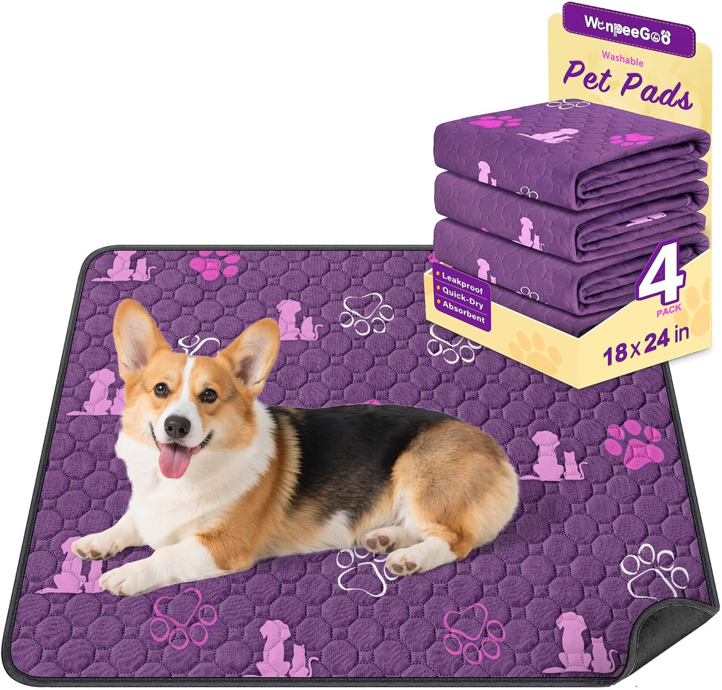 WanpeeGoo Washable Pee Pads for Dogs, 4 Pack Absorbent Reusable Training Dog Pads Pet Puppy Pads, Non-Slip Potty Pads for Whelping, Playpen, Crate, Bed, Grey 18"x24"