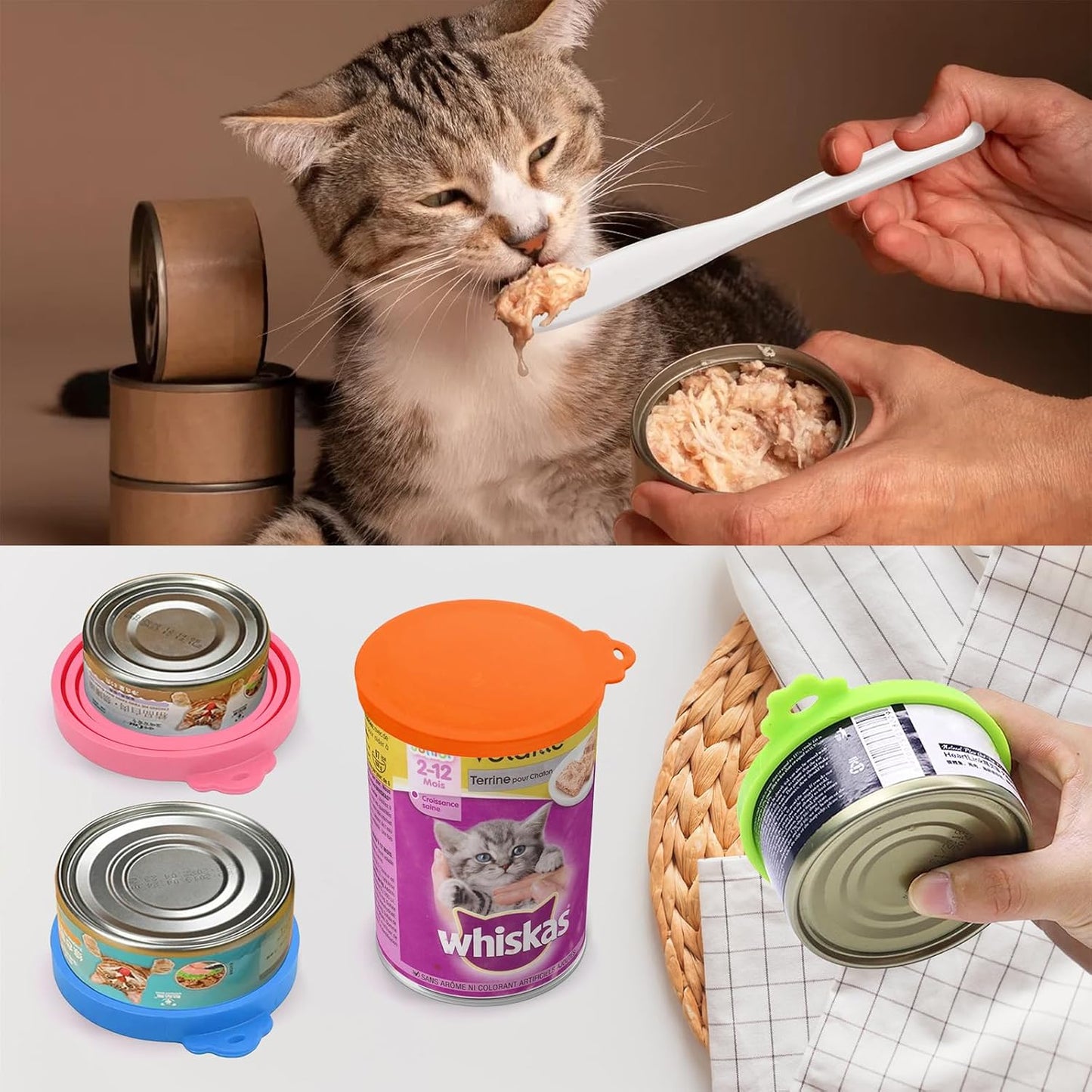 Lydia’s Deal Pet Food Can Covers 2-Pack, Thick Silicone Universal Can Lids for Dog & Cat Food, Fits 3oz/5.5oz/12oz, Airtight Seal, Durable & Dishwasher Safe, Easy Grip with Spoon (Blue & Orange)