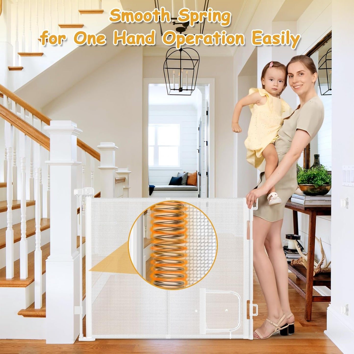 Reinforced 60” Wide Retractable Dog Gate with Cat Door Gates for Pets with Reinforced Strips 33” Tall Mesh Baby Gate Retractable Pet Gates for Dogs Indoor with Door Cats Can in and Out Freely, Gray