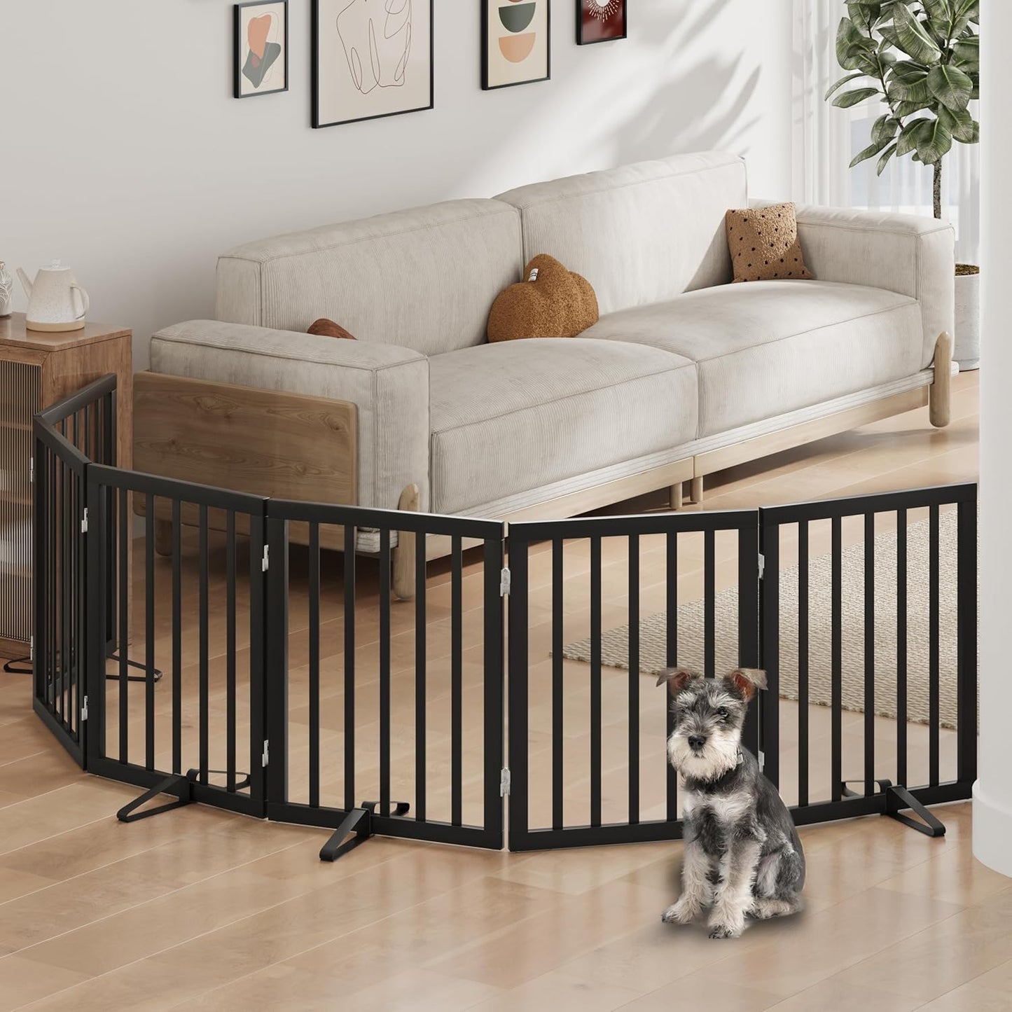 Freestanding Foldable Dog Gate - 4 Panel Room Divider with Metal Support Feet (Black)