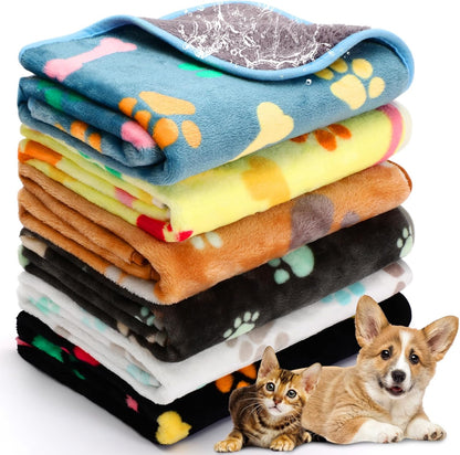 Tegeme 6 Pcs Waterproof Dog Blanket 24 x 16 Inch Paw Print Pet Blanket for Dogs Cats Puppy Washable Soft Fluffy Fleece Rug Flannel Throw Warm Sleep Mat for Kitten Doggy