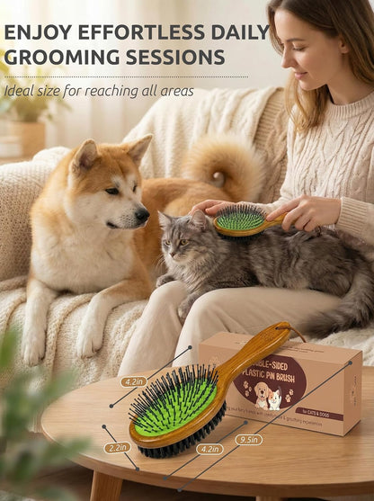 TAKAVU Short Hair Dog & Cat Deshedding Brush - Double Sided Grooming Tool with Silicone Massage & Bristle Sides - Removes Loose Fur & Dirt - Wood Handle