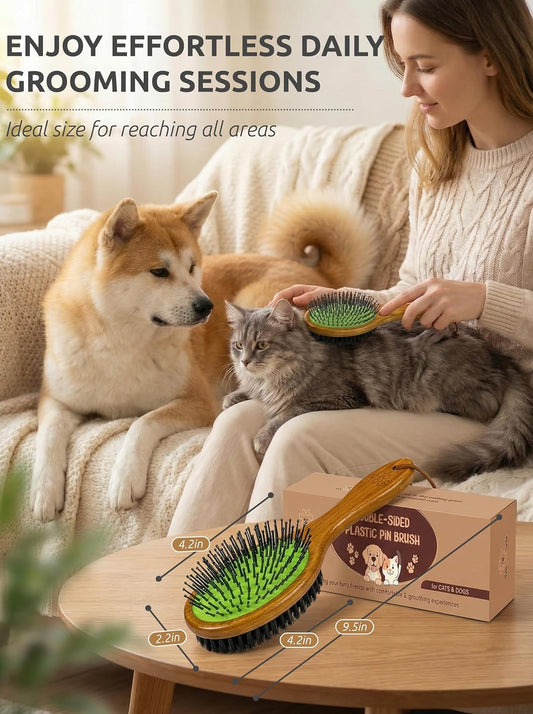 TAKAVU Short Hair Dog & Cat Deshedding Brush - Double Sided Grooming Tool with Silicone Massage & Bristle Sides - Removes Loose Fur & Dirt - Wood Handle