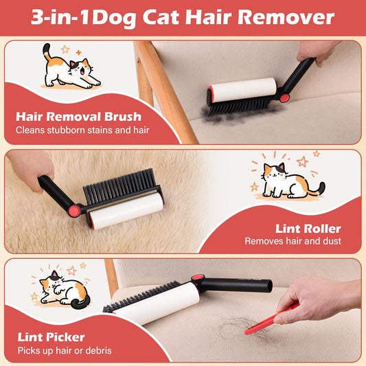 3-in-1 Pet Hair Remover Tool: Soft Dust Brush, Lint Roller for Clothes & Bench Brush with 180° Adjustable Handle, Pet Hair Removal for Dog/Cat Hair on Clothes, Bed, Sofa (2-pack lint roller, One Size)