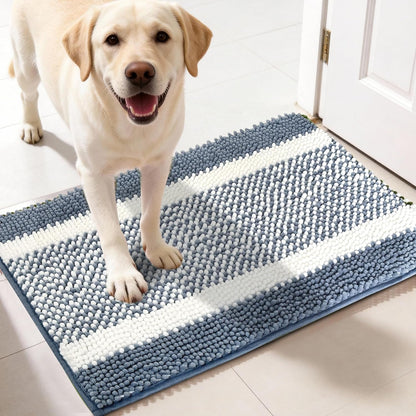 pobopobo Dog Door Mat for Muddy Paws - Absorbent & Washable Chenille Rug, Non-Slip Dirt Trapper for Indoor Outdoor Entryway, Quick Dry Pet Mat for Muddy Dogs (Striped Gray-Blue&White, 24" x 16")