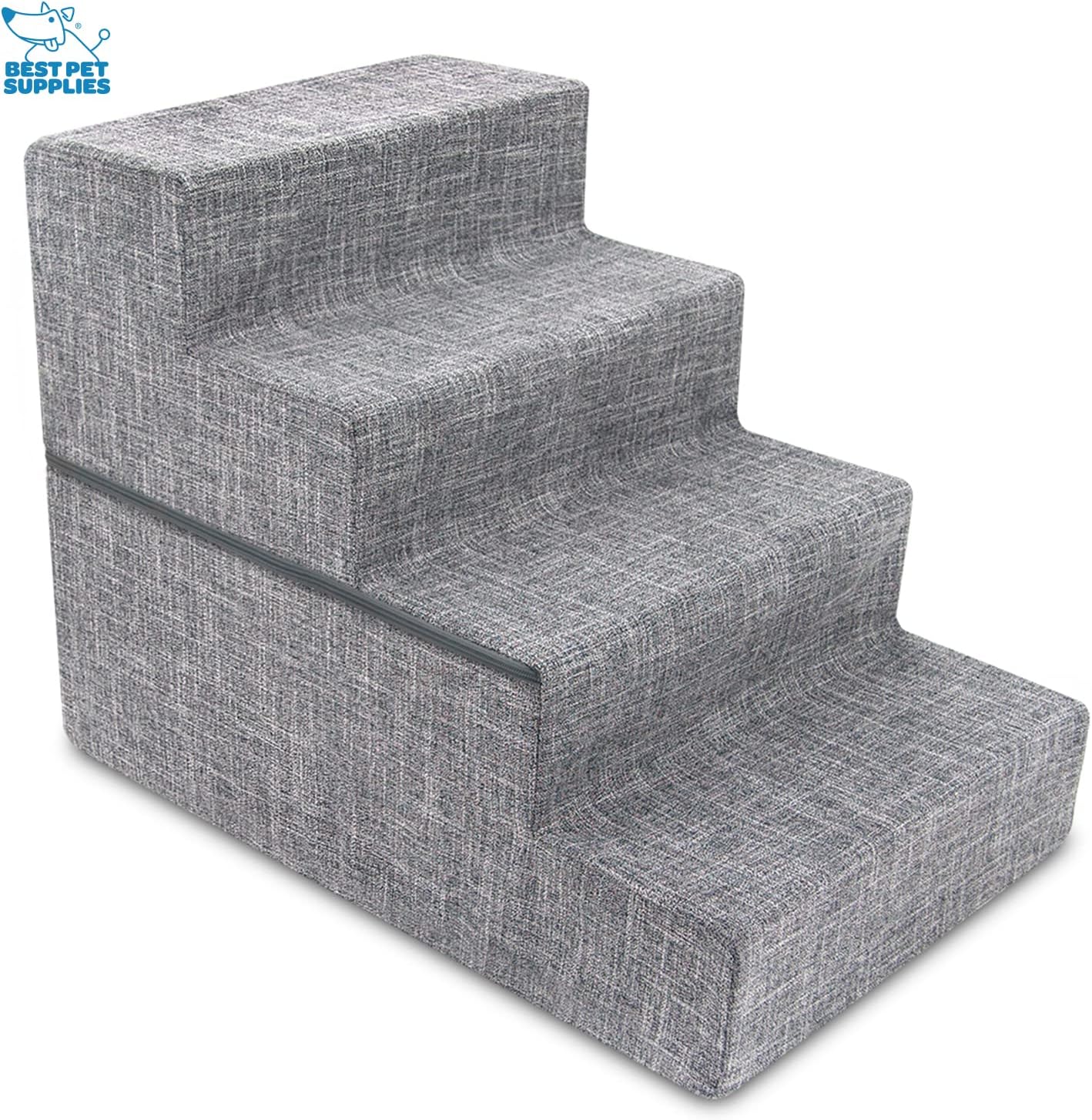 Best Pet Supplies Non-Slip Foam Dog Stair & Pet Ramp, Balanced Indoor Step Support - Foldable Stair, Ash Gray Linen,3-Step
