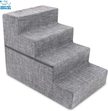 Best Pet Supplies Non-Slip Foam Dog Stair & Pet Ramp, Balanced Indoor Step Support - Foldable Stair, Ash Gray Linen,3-Step