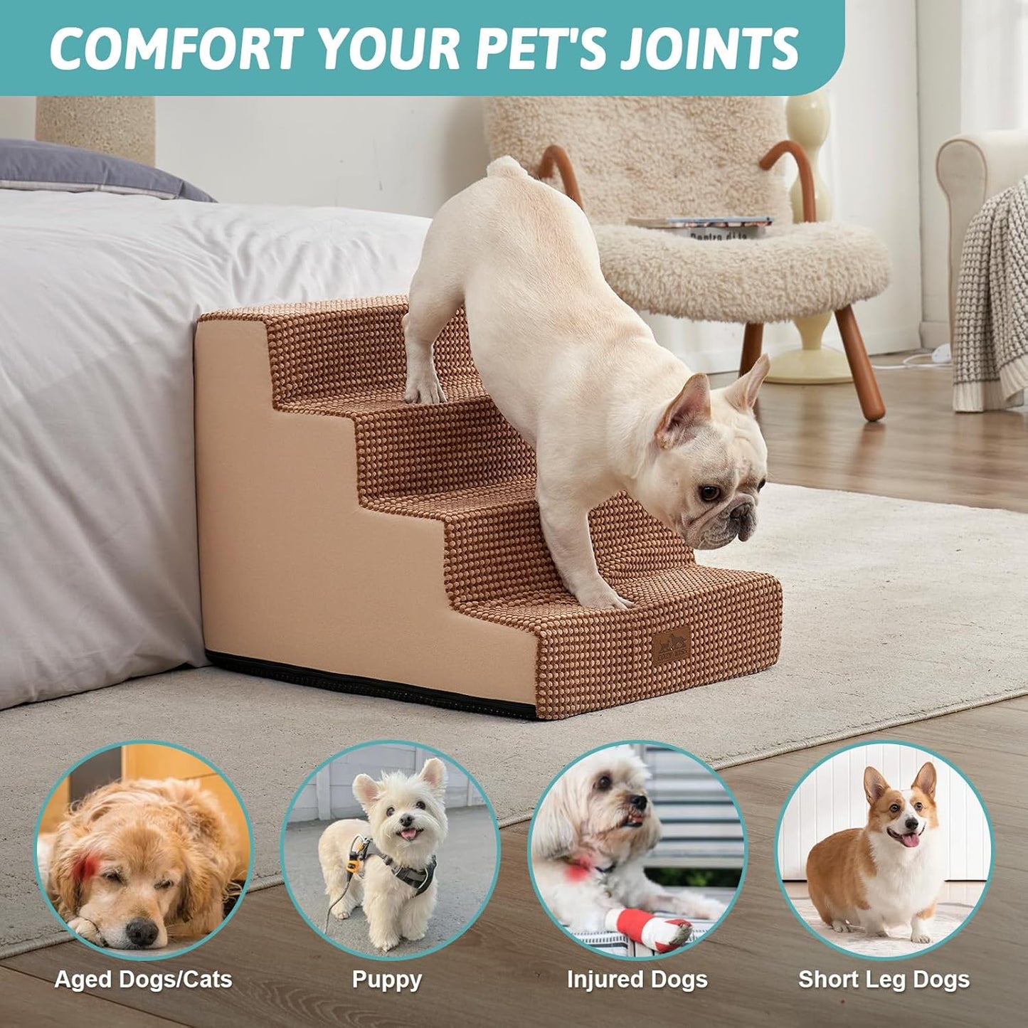 COZY KISS Dog Stairs for Small Dogs, 4 Tier Wider Pet Stairs for Couch and Beds, 17.7" H Non-Slip Dog Steps for Old Cats, Puppy, Small Medium Dogs, 17.7x23.6x17.7 inch, Beige