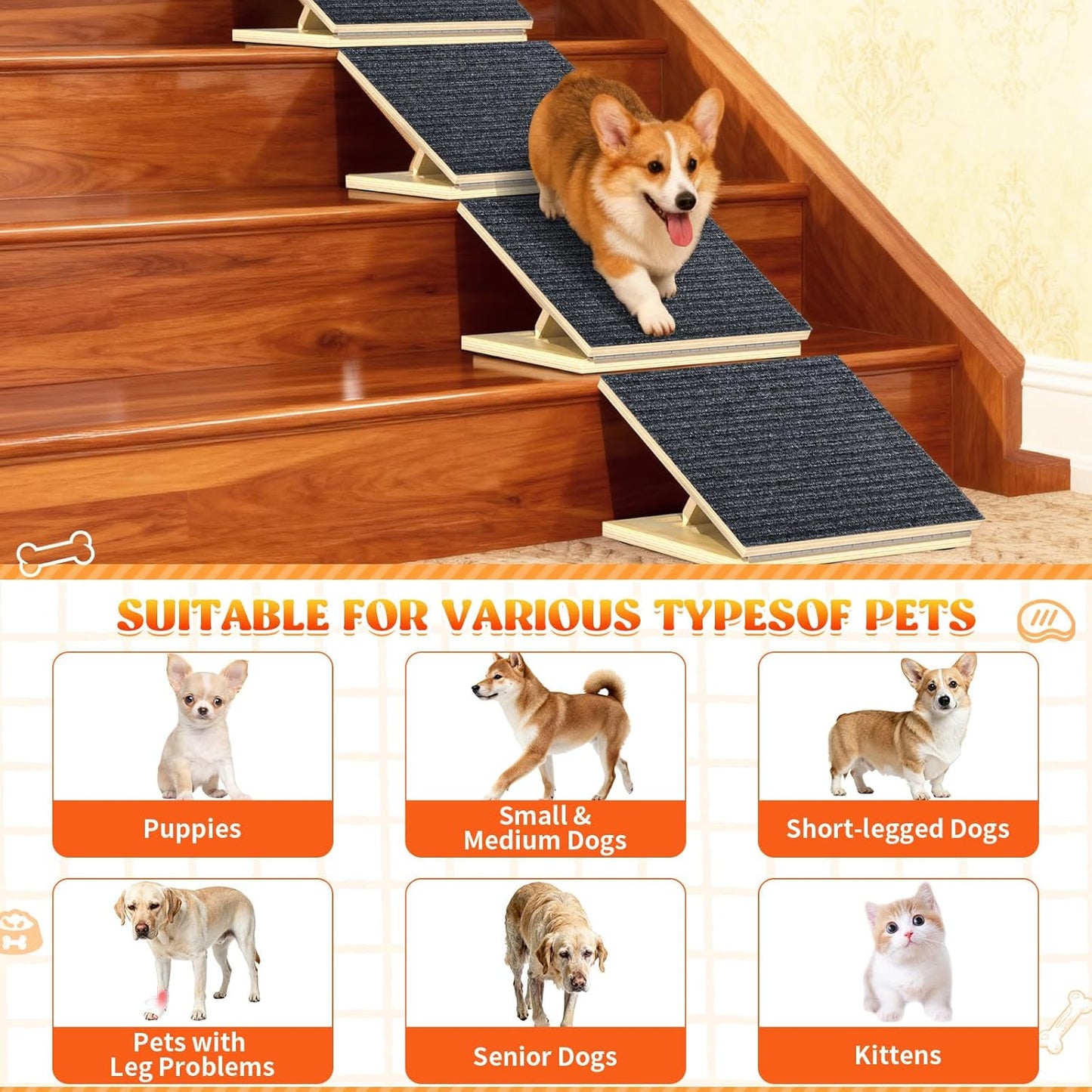 TNELTUEB 2 Pack Upgraded Dog Ramps for Stairs, Adjustable Stair ramp for Dogs,Portable Dog Stairs with Mat for Small Dogs and Cats, Non-Slip Pet Steps for Elderly or Injured Pets