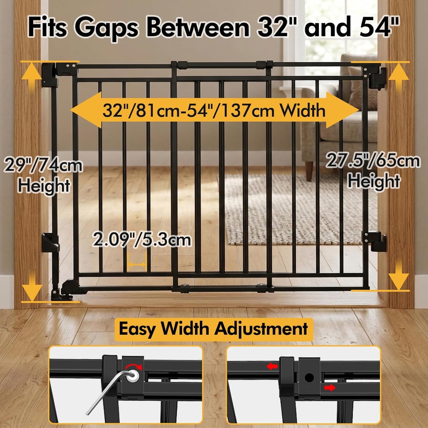 Baby Gate for Stairs & Doorways - Fits Openings 26 to 43 Inches Wide (Must Drill to Install) | 29" Extra Tall with No Bottom Bar | One-Handed Auto-Close Walk-Thru Gate for Kids & Pets, Black