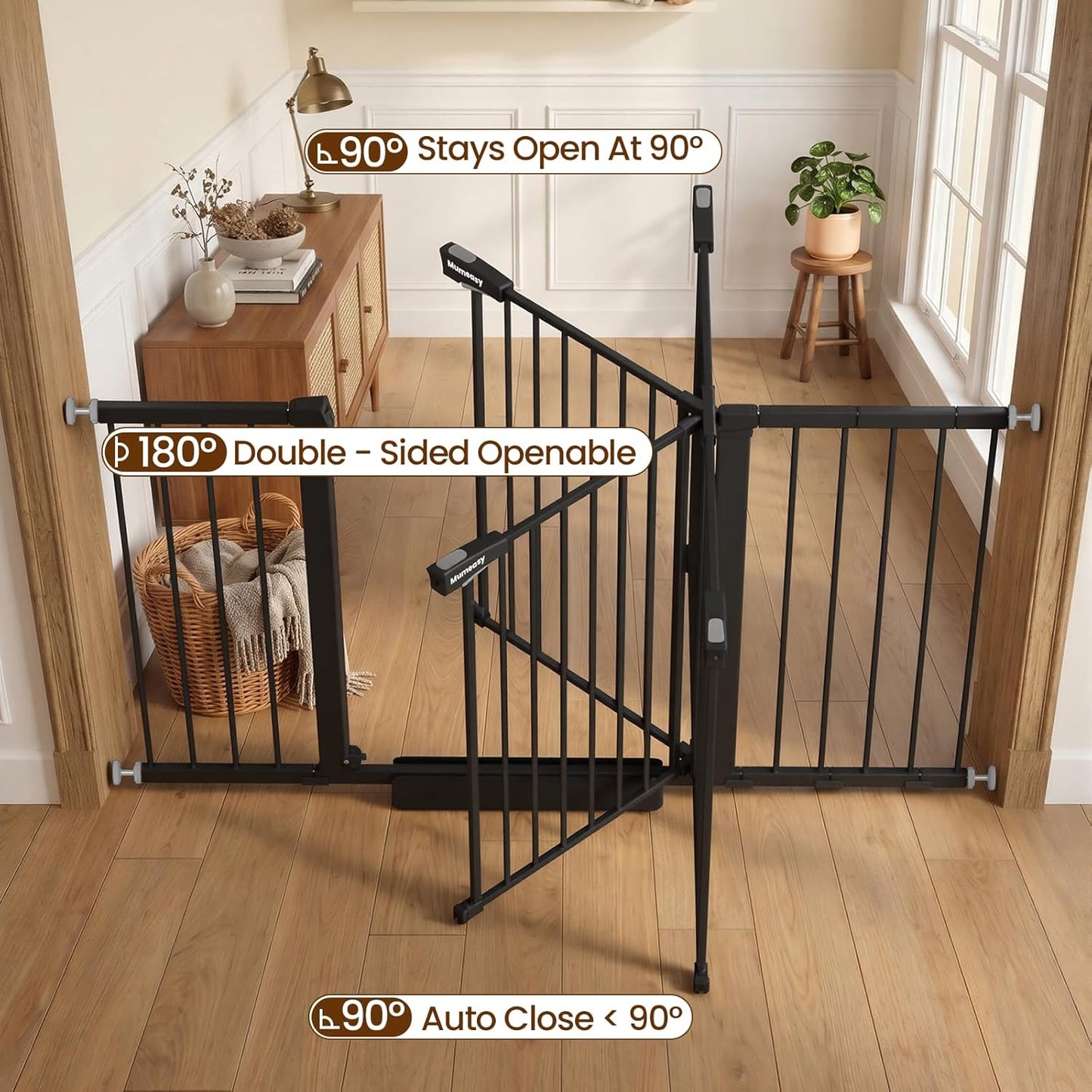 Mumeasy Baby Gate Extra Wide, 29.7-51'' Pressure Mounted Dog Gate with Walk Thru Door, Auto Close Pet Gate for House, Stairs, Doorways,Black