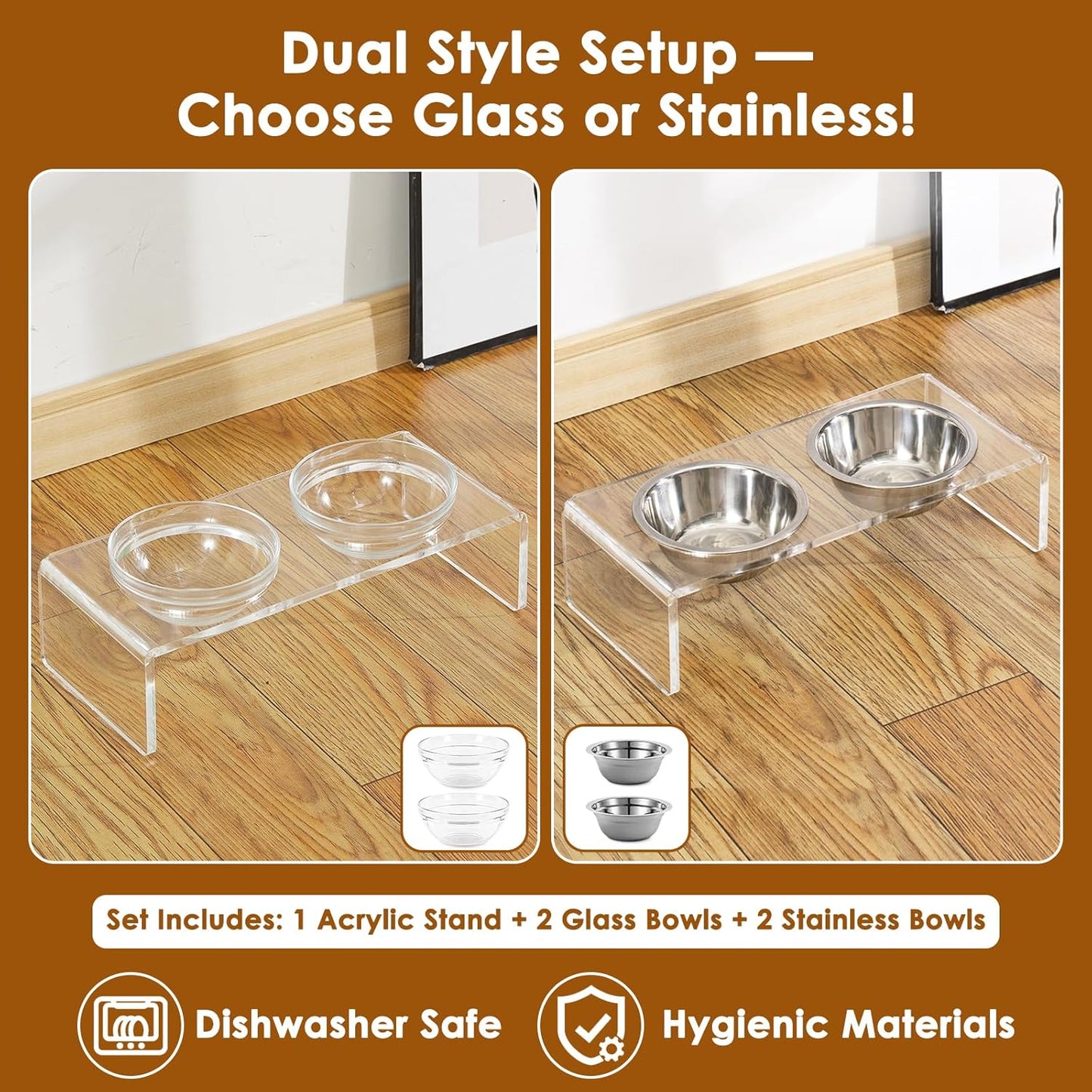 Acrylic Elevated Dog Cat Bowls Pet Feeder Double Bowl Raised Stand Comes with 4 Removable Stainless Steel Bowls. Perfect for Cats Puppies Small Dogs, 3.75 Inch