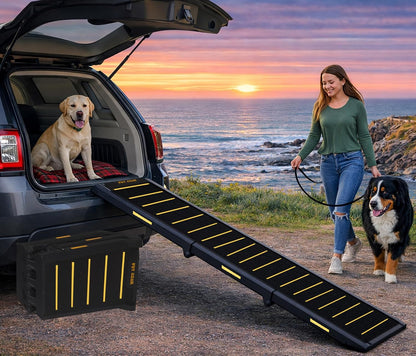 Pet Gear Travel Lite Ramps for Dogs and Cats, Compact Easy-Fold, Lightweight and Portable, Built-in Carry Handle, Supports 200lbs, Size 71" x 16", Yellow- Reflective