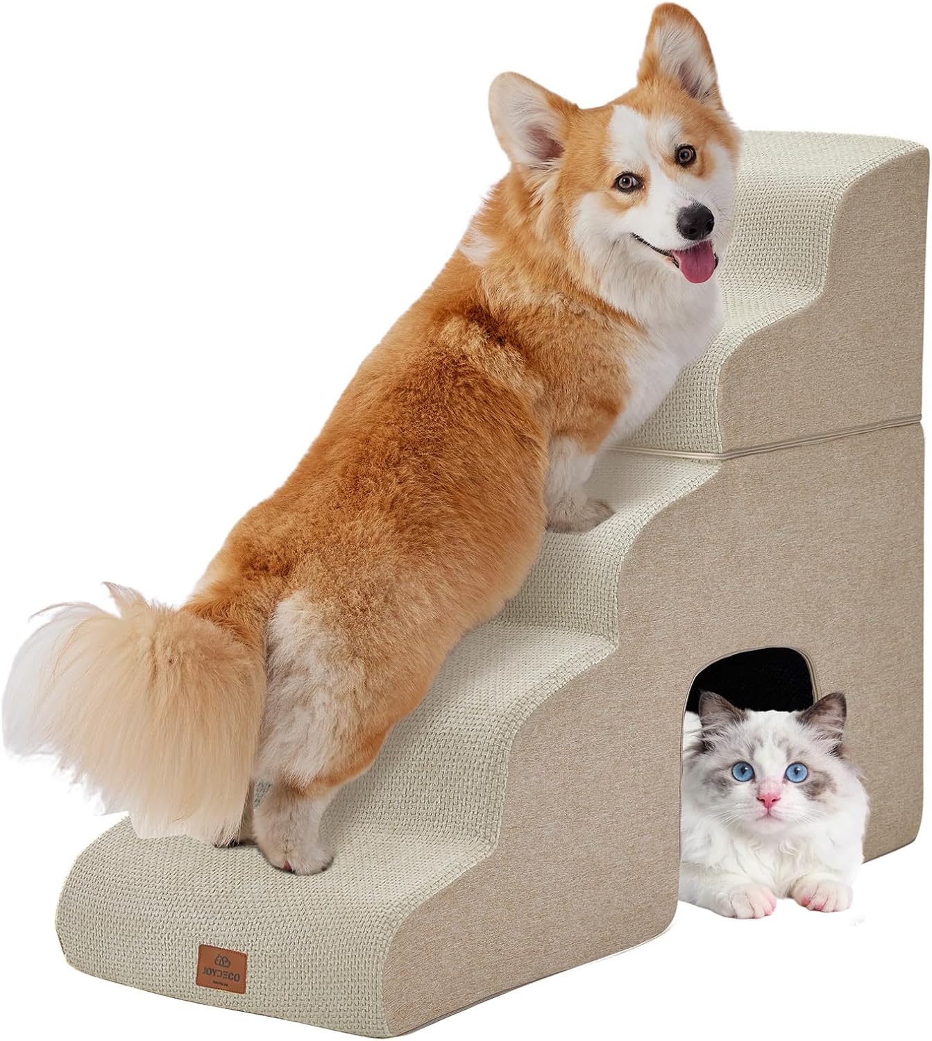 Joydeco Dog Stairs for Bed 17.1" H, 3-Step Pet Steps for Small Dogs and Cats, Dog Steps for High Bed, Non-Slip Balanced Ramp Indoor Pet Stairs, Beige