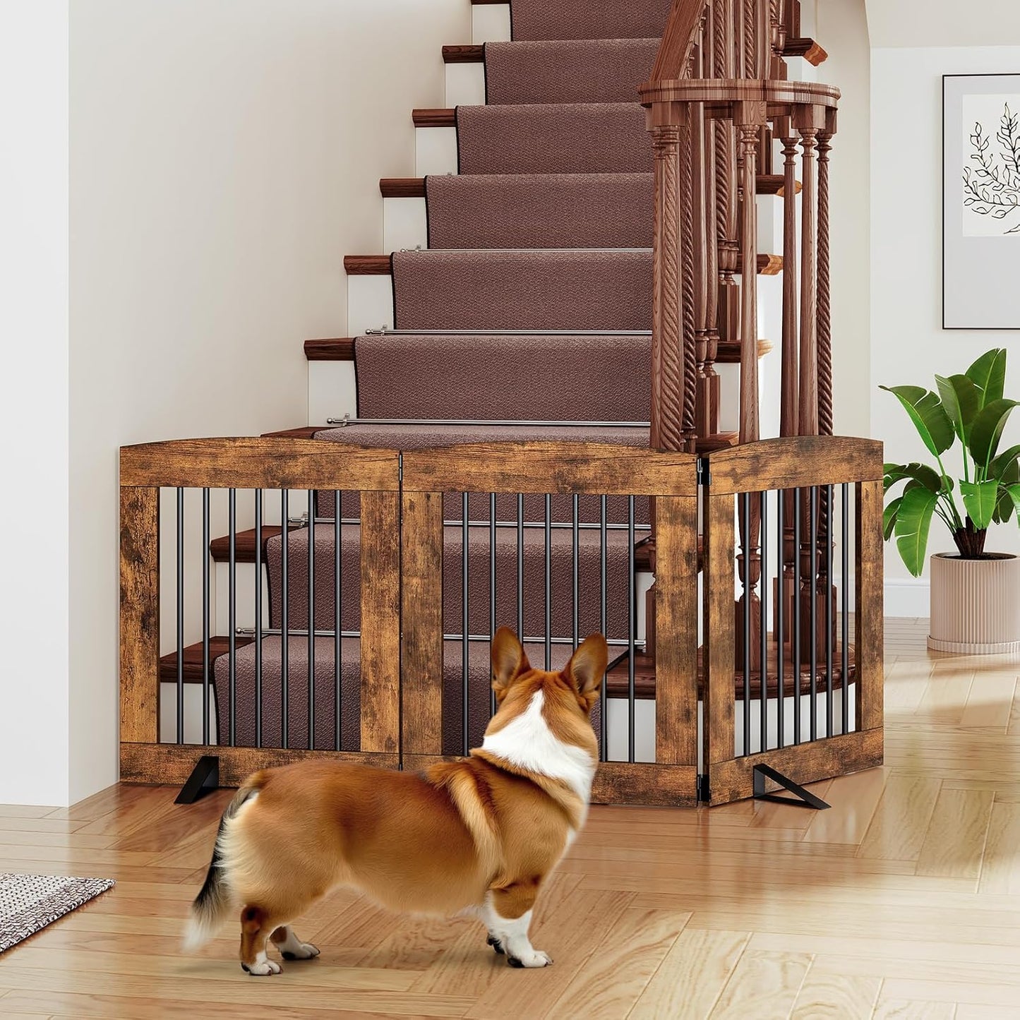 HOOBRO Indoor Dog Gate with Support Feet, Freestanding Pet Gate for Doorway, Stairs, 31.5 Inch 3 Panels, Folding Dog Fence, 360° Hinge for Easy Access, Sturdy Iron Pipe, Rustic Brown BF06PP03