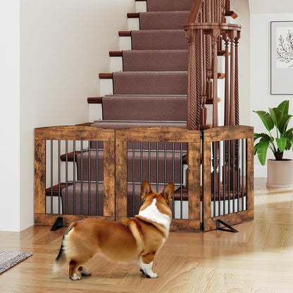 HOOBRO Indoor Dog Gate with Support Feet, Freestanding Pet Gate for Doorway, Stairs, 31.5 Inch 3 Panels, Folding Dog Fence, 360° Hinge for Easy Access, Sturdy Iron Pipe, Rustic Brown BF06PP03