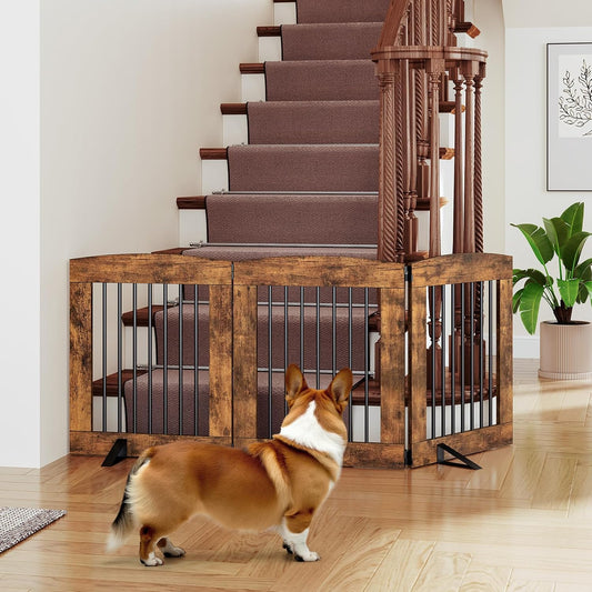 HOOBRO Indoor Dog Gate with Support Feet, Freestanding Pet Gate for Doorway, Stairs, 31.5 Inch 3 Panels, Folding Dog Fence, 360° Hinge for Easy Access, Sturdy Iron Pipe, Rustic Brown BF06PP03