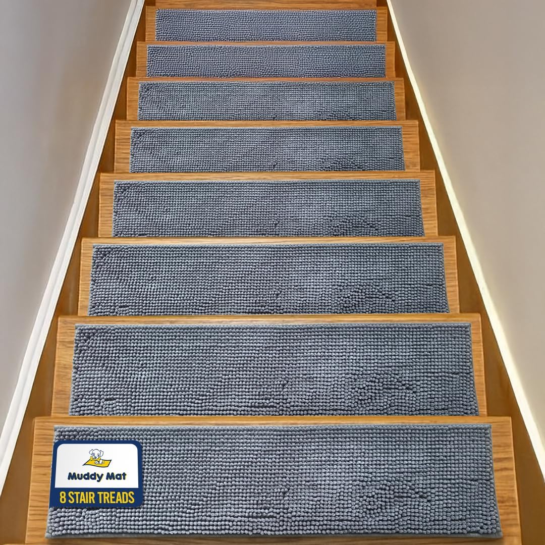 Muddy Mat® Pack of 4 - Soft Chenille Stair Treads Non-Slip Reusable, Super Absorbent Stair Treads for Wooden Steps, Tile & Marble Floor, Easy to Install & Machine Washable - Grey 30'' x 7''