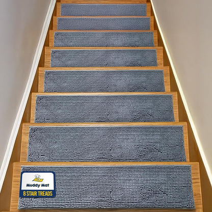 Muddy Mat® Pack of 4 - Soft Chenille Stair Treads Non-Slip Reusable, Super Absorbent Stair Treads for Wooden Steps, Tile & Marble Floor, Easy to Install & Machine Washable - Grey 30'' x 7''