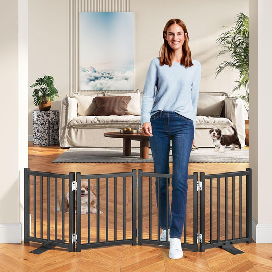 Snughome Short Dog Gate Indoor, 16" High Freestanding Small Dog Door Gates with Support Feet, Expands Up to 48’’ Wide Foldable Pet Gate for Doorway, 4 Panel Folding Pet Door Pet Fence for Puppy, White