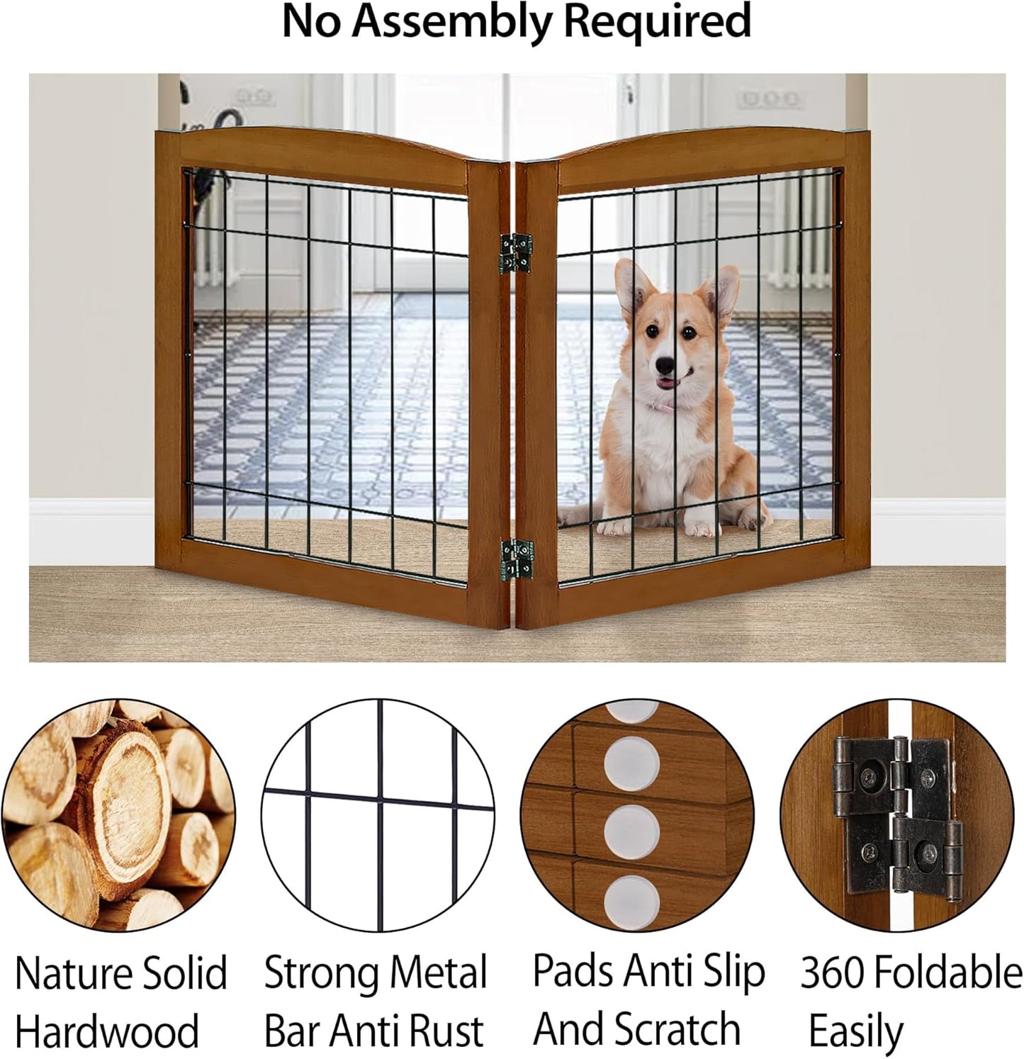 LZRS 2-Panel Freestanding Foldable Wood Dog Gate – Solid Wood & Steel Wire, Chew-Resistant Pet Barrier for Indoor Use, Ideal for Small to Medium Dogs, White